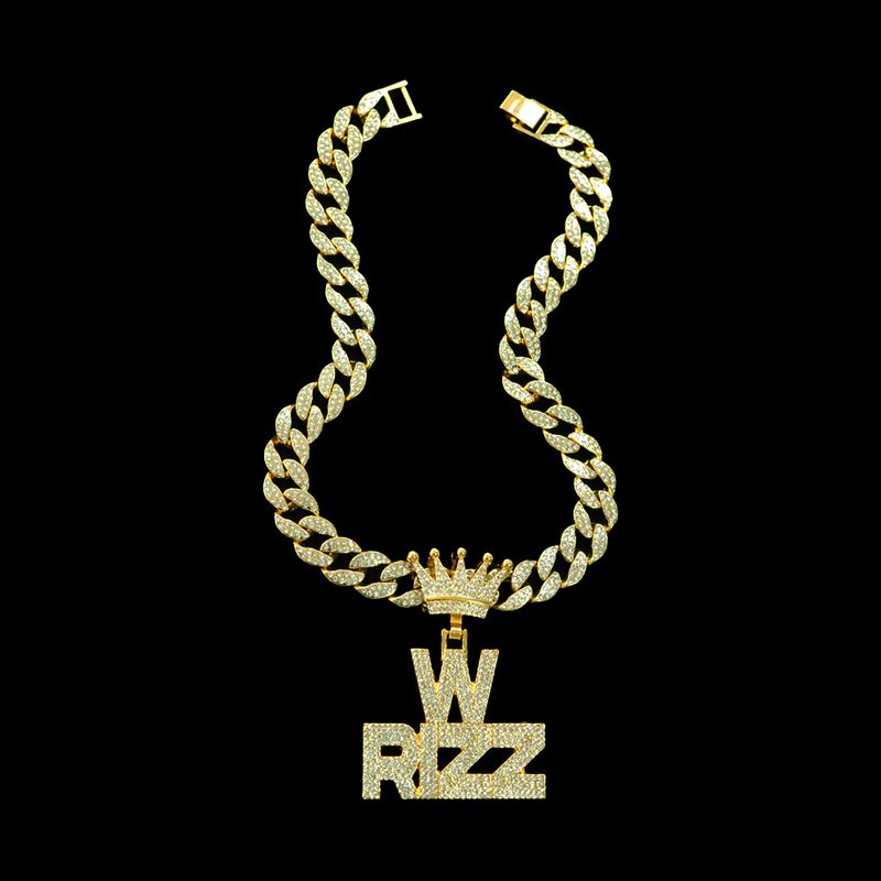W RIZZ Full Diamond Alloy Pendant Personalized Crown Men's Hip Hop Necklace_voghion.com