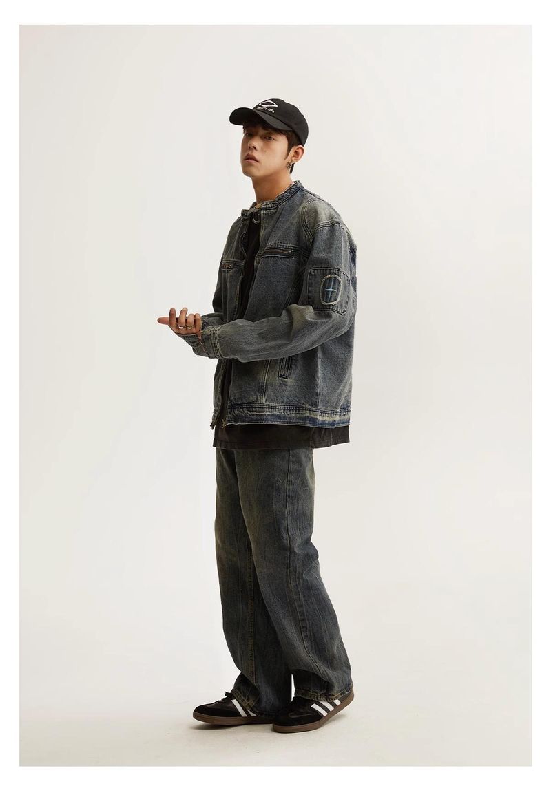 Herrenbekleidung Retro Washed Distressed Jeansjacke Coole lockere lässige Reißverschlussjacke Tops_voghion.com
