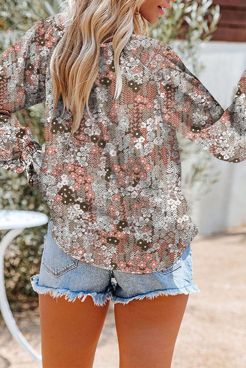 Women's Clothing Loose V-neck Pullover Casual Top Long Sleeved Floral Lotus Leaf Sleeved Chiffon Shirt_voghion.com