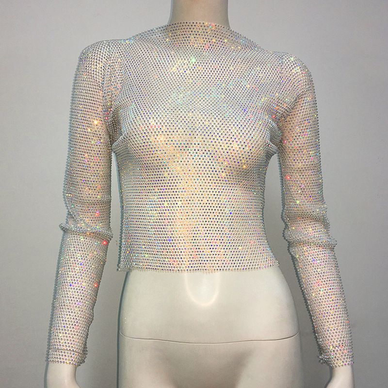 Maglietta da pesca con strass, a maniche lunghe, girocollo, leggera e di lusso, da donna, con look scintillante, alla moda e di tendenza._voghion.com