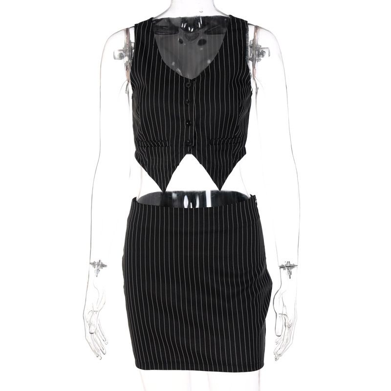 Completo a righe casual versatile da donna con top corto sexy e gonna a vita alta, due pezzi_voghion.com