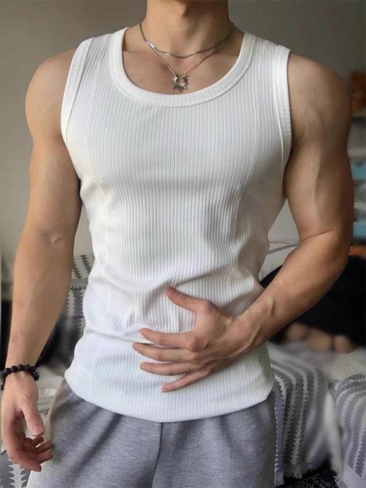 "Men's Muscle Fit Sleeveless Vest - Breathable Mesh Gym Tank Top For Summer Workouts & Bodybuilding - White/Black Athletic Compression Shirt"_voghion.com