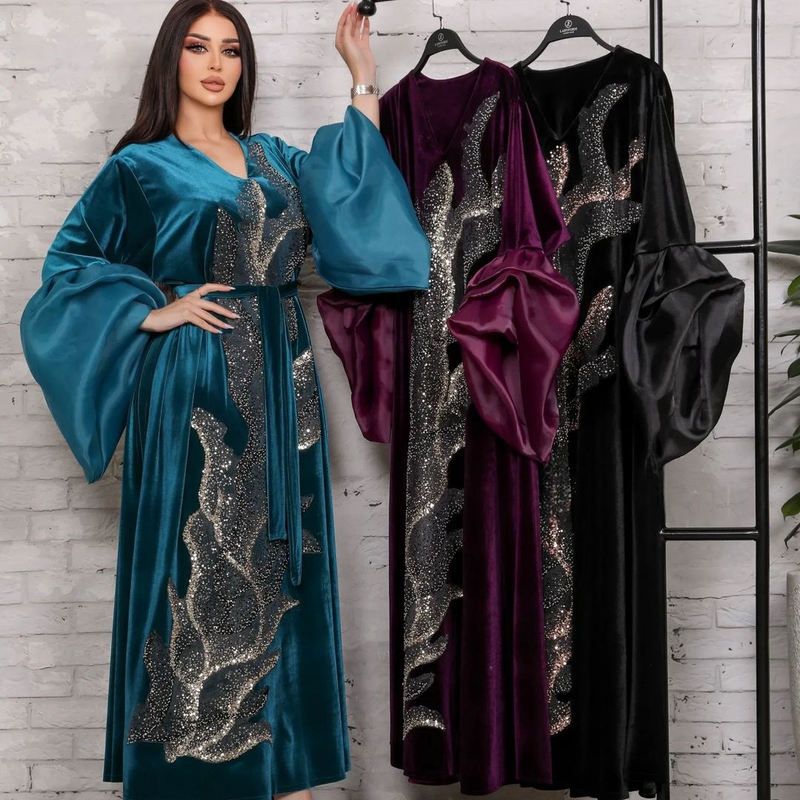 Abito da donna musulmano mediorientale autunno e inverno nuovo stile abito in velluto dorato con maniche a sbuffo ricamate con paillettes tridimensionali_voghion.com