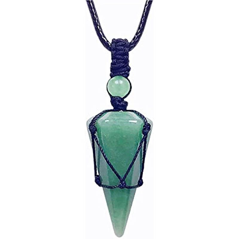 Hand-Woven Hexagonal Crystal Pendant Necklace - Natural Stone Cone With Adjustable Net Pocket & Pendulum Design_voghion.com