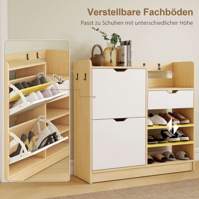 Schuhregal Natur Mit Kippschubladen, 4 Haken Für 14 Paar Schuhe_voghion.com