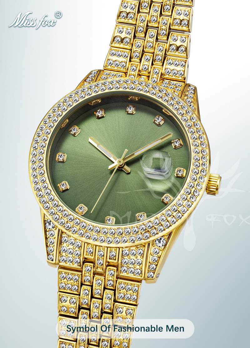 MISSFOX Brand Fashion Hip Hop Full Diamond Glow Calendar Men's Quartz Watch_voghion.com