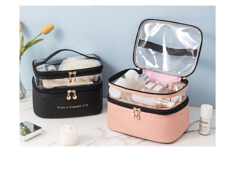 Double Layered Makeup Bag Solid Color PU Transparent Toiletries Handheld INS Fashionable Waterproof Travel Portable Large Capacity Storage Bag_voghion.com