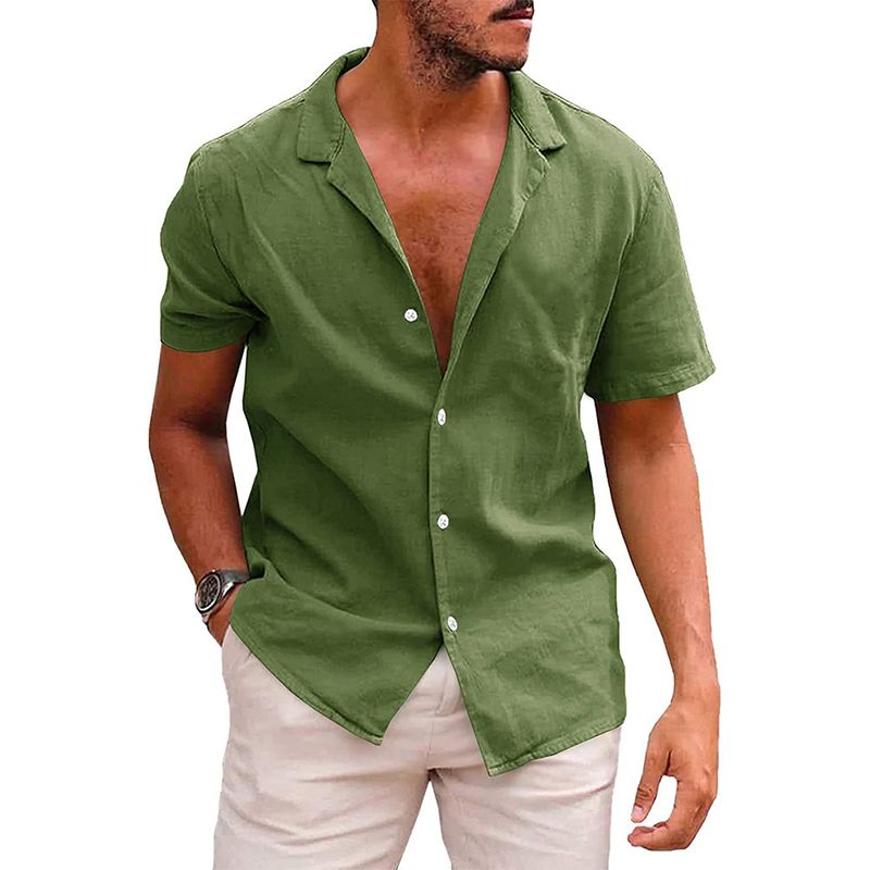 Camicia da uomo in lino di cotone con bottoni a maniche corte in tinta unita con risvolto estivo_voghion.com