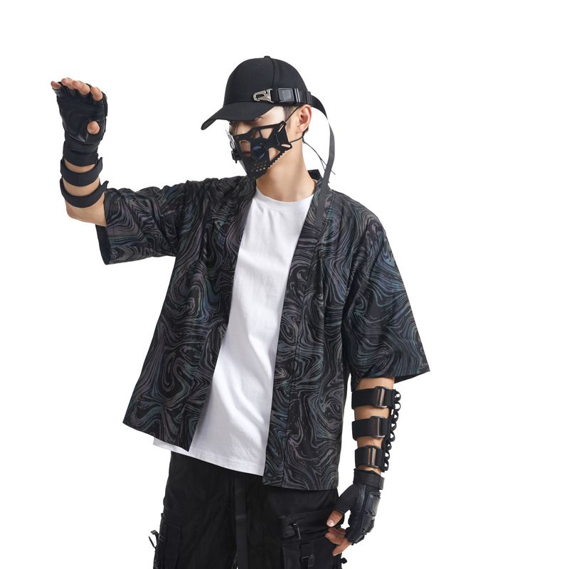 Men's Clothing Colorful Reflective Cardigan Robe Loose Kimono Jacket With Five Point Sleeves_voghion.com