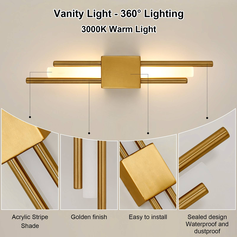 GOECO rechteckige Design-Wandleuchte, Aluminium, goldfarben, Größe 40 x 8 x 7 cm, warmes Licht 3000 K, 220 V_voghion.com