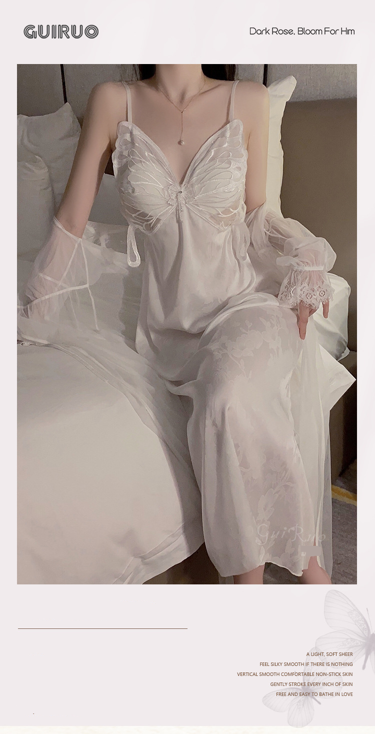 Damenbekleidung Guiruo Langer sexy Pyjama mit Brustpolstern Eisseide geraffter Sling-Nachthemd Mesh-Außenmantel Home-Kleidungsanzug_voghion.com