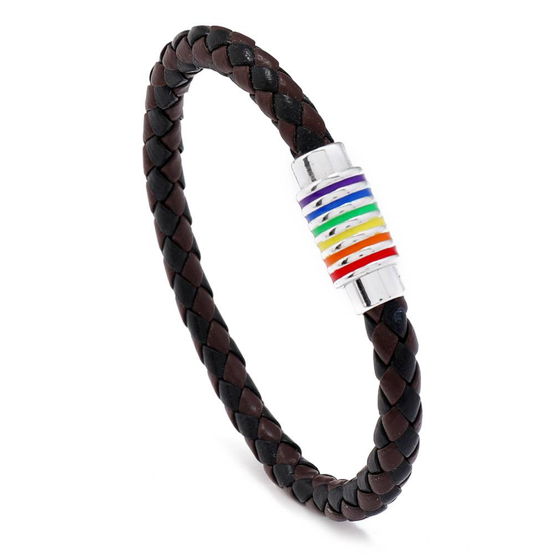 Handgemachtes gewebtes Armband aus PU-Leder mit Regenbogen-Magnetschnalle, geflochtenes Lederarmband mit Regenbogenschnalle_voghion.com