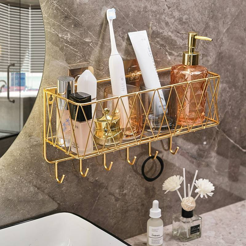 Mensole da bagno senza foratura, mensole da parete per WC, contenitori per cosmetici, prodotti per la cura della pelle, mensola da appendere in ferro con sfera da doccia_voghion.com