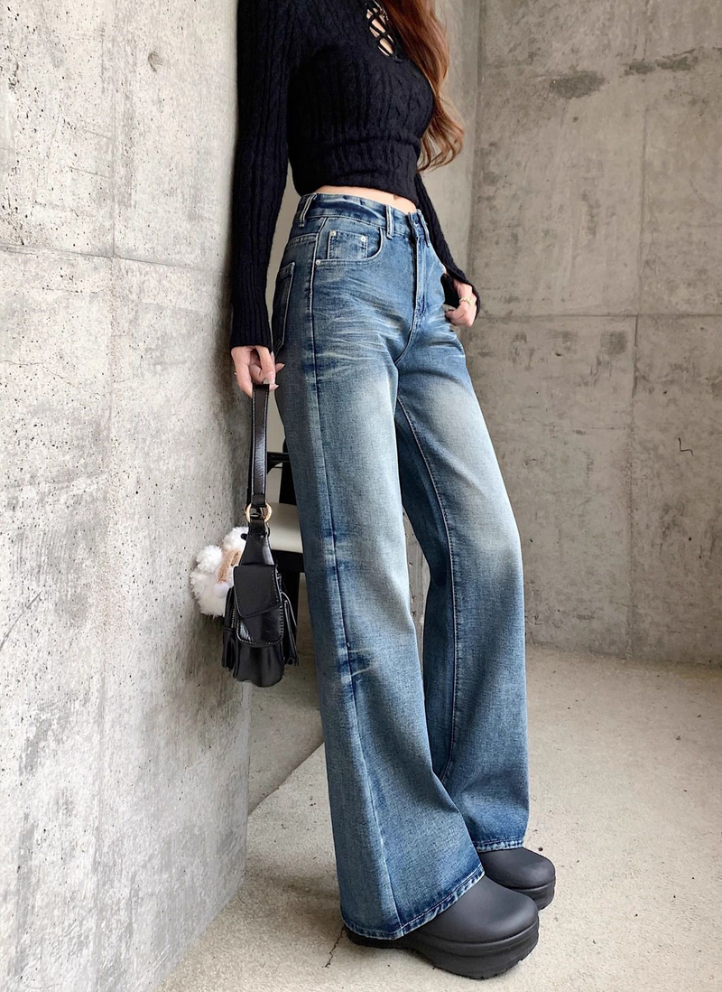 Vintage American Style High Waist Wide Leg Jeans For Women - Retro Blue Distressed Denim Flared Trousers With Drop Hem_voghion.com