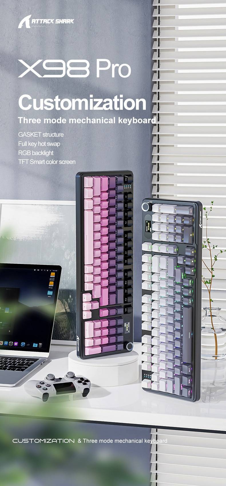 Attack Shark X98 Pro Wireless Mechanical Keyboard,Tri-Mode Custom Keyboard With Smart Display&Knob,Web Driver RGB Gaming Keyboard _voghion.com