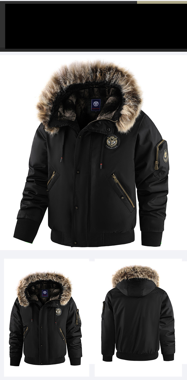 Herrenbekleidung: Fleecegefütterte Kapuzenjacke im koreanischen Stil mit Pelzbesatz, warmer Wintermantel, lässige Oberbekleidung für Herren (Schwarz, Grün, Ziegelrot)_voghion.com