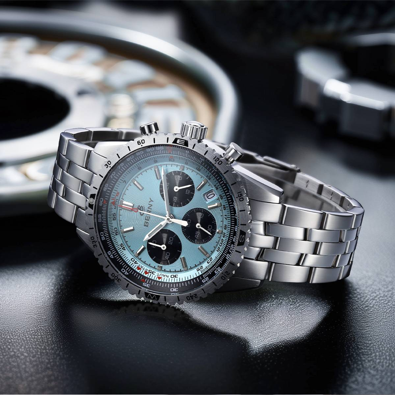 BERNY Silver Chronograph Watches For Men Multifunction Quartz Watch With Tachymeter Date Stainless Steel Waterproof Luminous Sapphire Wristwatch_voghion.com