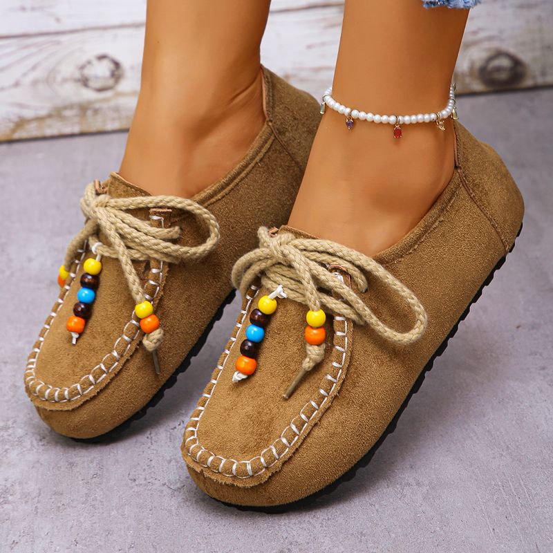 Handcrafted Bohemian-style Women's Flat Casual Shoes, Lace-up Women's Shoes, Soft And Comfortable Women's Shoes_voghion.com