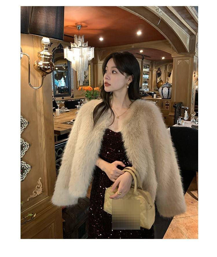 Women's Faux Fur Short Coat Winter 2024 Fashionable Mink-Like Jacket With Leather Trim, Round Neck, Long Sleeve, Elegant And Cozy (Camel/Pink, S/M)_voghion.com