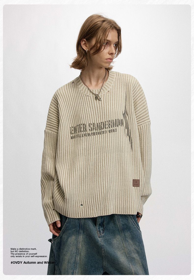 Pull à lettres style American Ins #OVDY avec position d'os ancienne, aiguille vide, pull en tricot début d'automne, unisexe_voghion.com