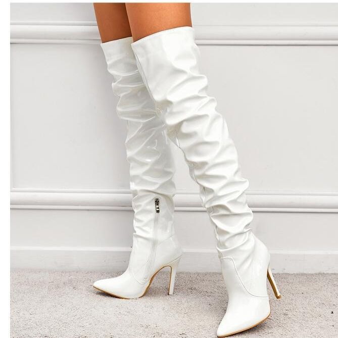 Autumn New Elastic Over-The-Knee Pointed Toe Patent Leather Tube Black Zipper Stiletto High Heel Women's Boots_voghion.com