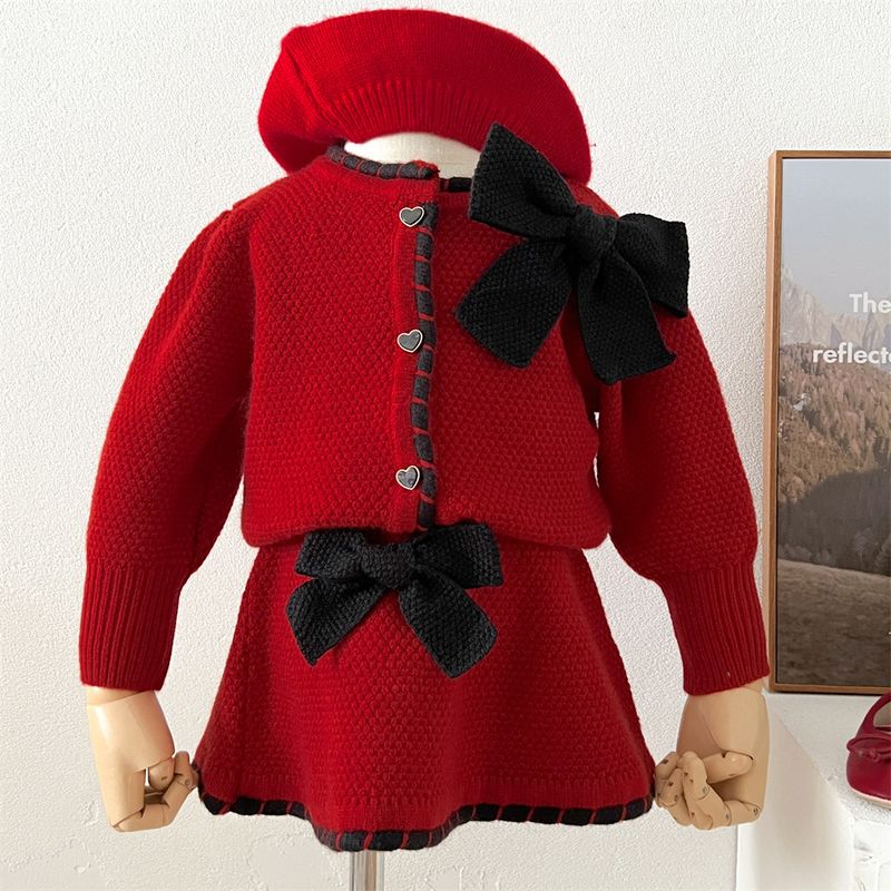 2024 Herbst und Winter Neue Strickanzug Big Bowknot Baby Mädchen Langarm Stilvolle Zwei Stück Kinder Pullover Rock_voghion.com