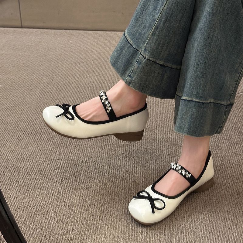 Women's Round Head Cowhide Women's Casual Single Shoes Flat Shoes Low Heel Single Shoes Rhinestone Princess Shoes Evening Shoes_voghion.com