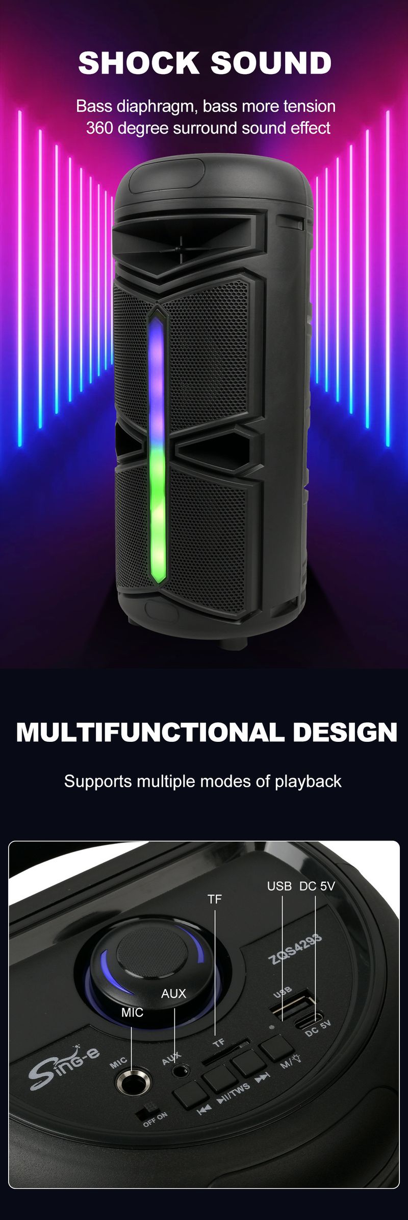ZQS4293 Dual Speaker 4-inch Bluetooth Audio Heavy Bass Outdoor Convenient Long Battery Life Small Speaker_voghion.com