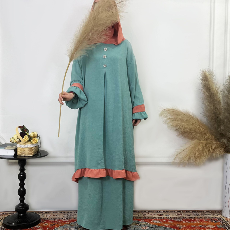 Women's Clothing Solid Color Ruffled Burkha Two Piece Set_voghion.com