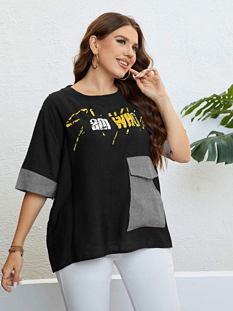 Ženski črn karo top z žepi, ohlapne barve_voghion.com