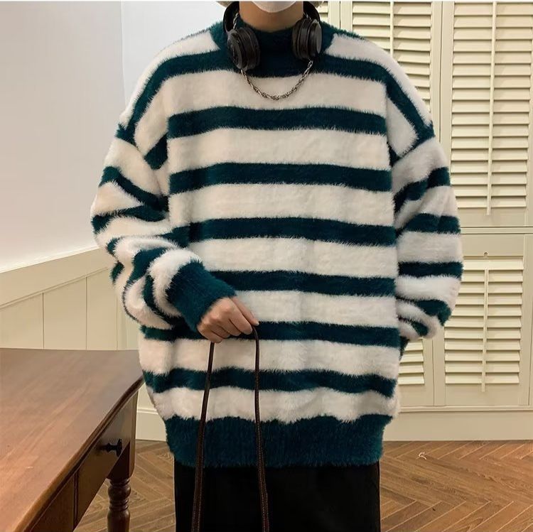 Neuer vielseitiger und einfacher gestreifter Halbhochhalspullover für Männer im Herbst und Winter, dicker Innenstrickpullover_voghion.com