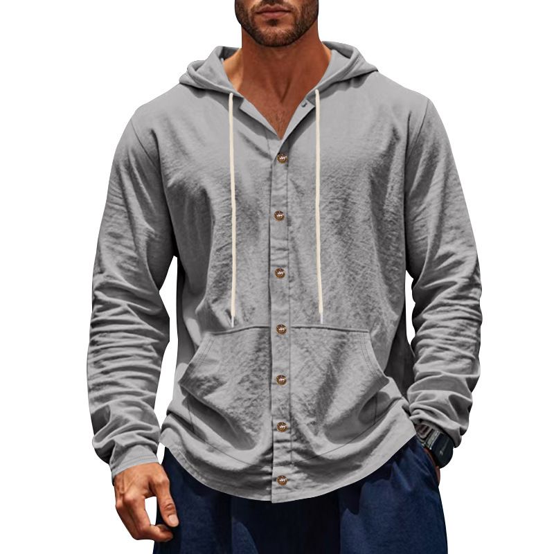 Spring And Autumn American Loose Men's Loose Linen Casual Simple Beach Hooded Long Sleeve Shirt Men_voghion.com