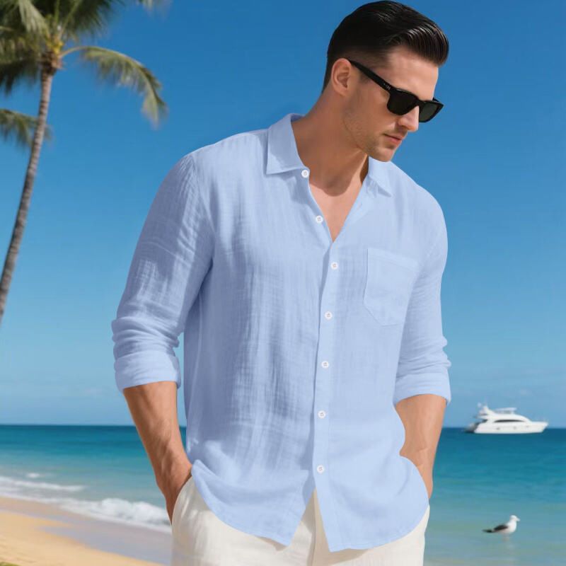 Chemise décontractée en lin pour homme – Chemise boutonnée respirante avec col à revers (blanc/noir/vert kaki/bleu clair, tailles S à XXXL)_voghion.com
