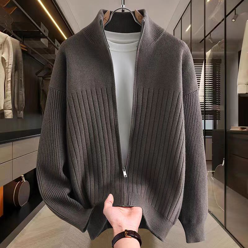 Men's Knit Cardigan Sweater With Stand Collar & Zipper - Solid & Striped Casual Pullover For Autumn & Winter_voghion.com