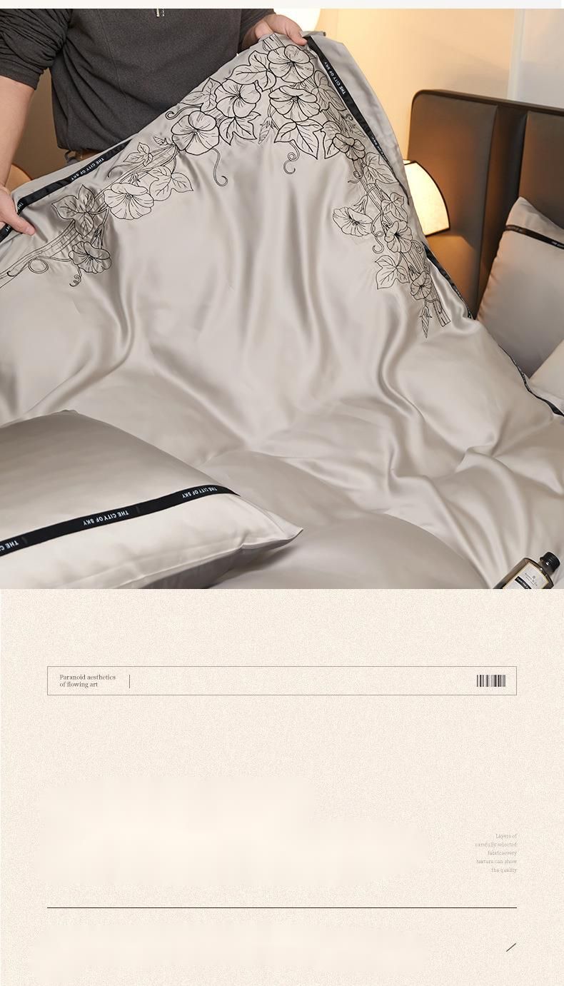 2024 New Luxury Washed Ice Silk Four-Piece Set Silky Cool Embroidered Bedding Summer Bed Sheet_voghion.com