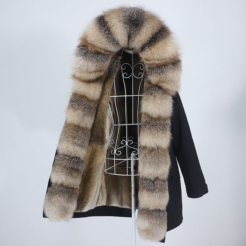 Damenbekleidung Abnehmbarer Innenmantel mit Fuchspelzkragen Mittellang Modischer warmer Kapuzenmantel_voghion.com