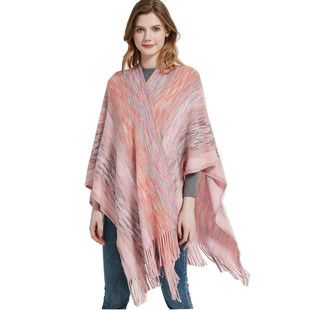 European and American shawl women's spring, autumn and winter new solid color striped tassel hooded cape_voghion.com