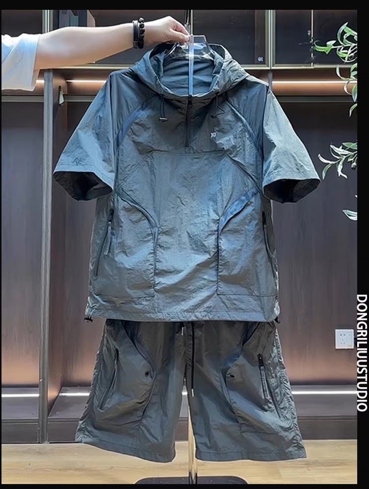 Ensemble sweat à capuche et short de sport léger pour homme avec protection solaire - Tenue d'été deux pièces - Tissu à séchage rapide - Coupe ample - S-4XL_voghion.com