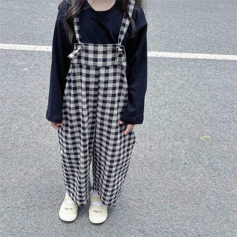 2024 Primavera Nuova Edizione Coreana Abbigliamento per Bambini Ragazze Tuta Aderente A Scacchi Con Gamba Larga Pantaloni Con Cinghia_voghion.com