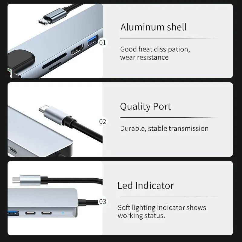 Hub USB 8 in 1 3.0 Tipo C Splitter Docking Station 4K Adattatore per laptop PD SD TF per MacBook Air M1 iPad Pro RJ45_voghion.com