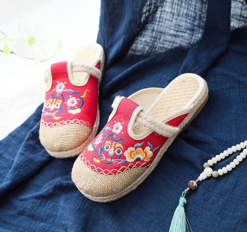 Pantofole, Lino piatto, 2025 Nuove scarpe in tessuto ricamato in stile etnico con alluce, Pantofole da esterno fresche da donna_voghion.com