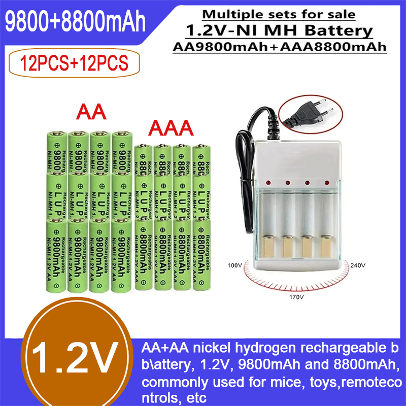 AA+AA nikkel-hidrogén újratölthető akkumulátor, 1,2 V, 9800 mAh és 8800 mAh, általában egerekben, játékokban, távirányítókban stb. használják._voghion.com