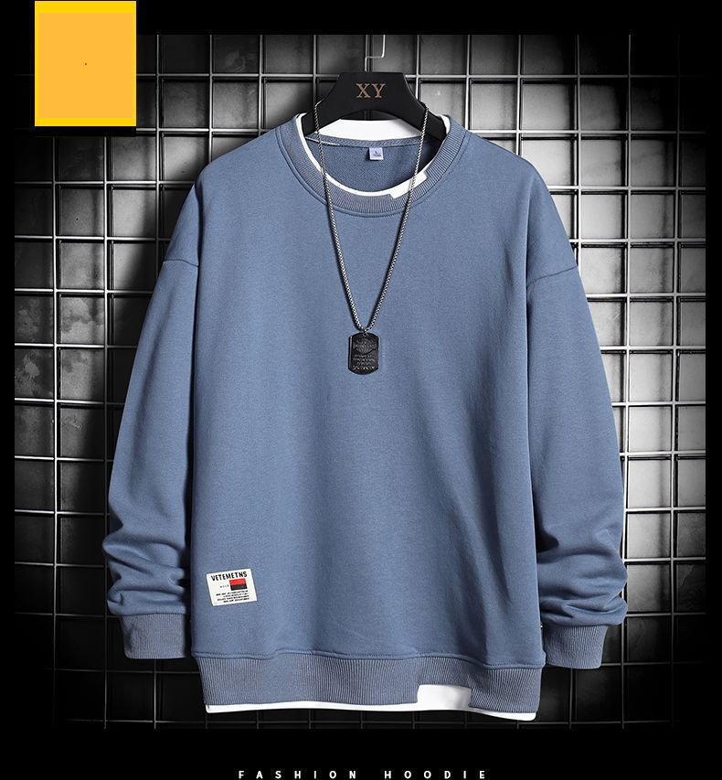 Men's Clothing Sweatshirts For Boys Autumn And Winter New Style Ins Trendy Hoodless Round Neck Pullover Long Sleeved T Shirt Two Piece Loose Top_voghion.com