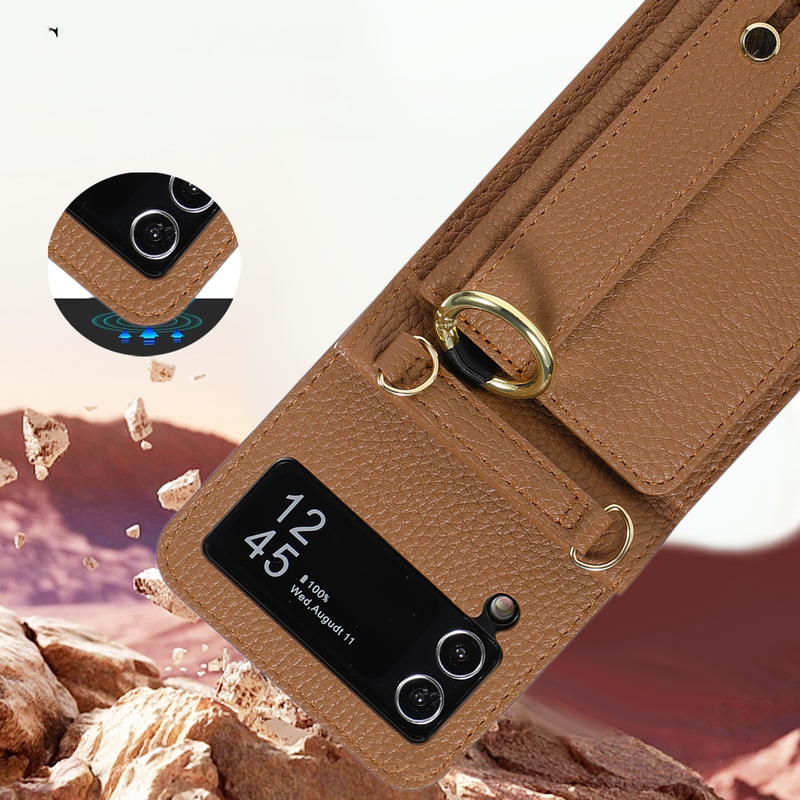 Suitable For Samsung Z Flip5 Folding Crossbody Mobile Phone Case Z Flip4 Card Slot Protective Cover Wrist Strap Bracket Leather Case_voghion.com