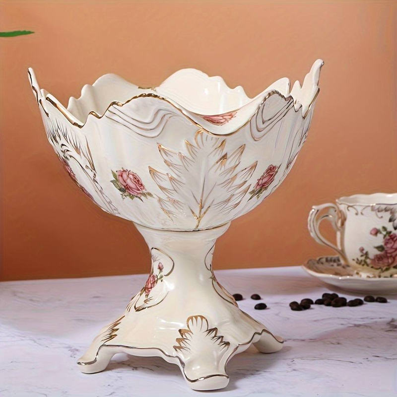 European-Style Luxury Ceramic Fruit Plate - 33.02cm Oval High-Foot Stand With Rose Printed Design, Elegant Table Decor For Home_voghion.com