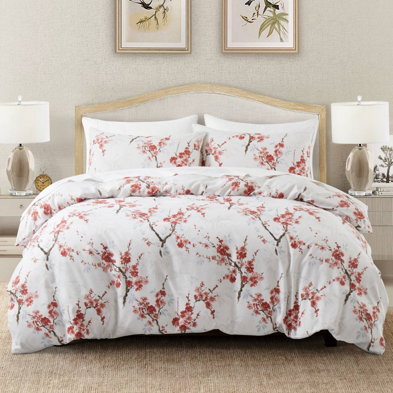 Parure de lit en microfibre brossée douce à motif floral géométrique, motif fleurs de prunier japonais, pour lit simple, double ou queen size._voghion.com