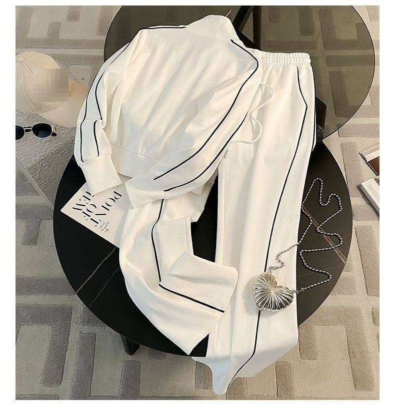 Women's Clothing Solid Color Hem Cut Zipper Hooded Sweatshirt Women's Trendy Brand High Waist Simple Fashion Straight Sweatpants Women's Suit_voghion.com