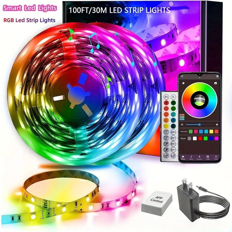 Bande lumineuse LED RVB 24 V avec synchronisation musicale, contrôle Bluetooth et application, télécommande infrarouge 44 touches, puce 3535, 16 LED/mètre, IRC 90, durée de vie 50 000 heures_voghion.com