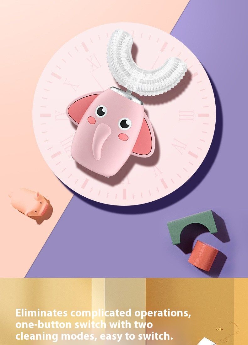 Cepillo de dientes eléctrico infantil en forma de U: 3 modos, limpieza de 360°, cerdas suaves de silicona, silencioso (36 dB), recargable, diseño de elefante (con pasta de dientes)_voghion.com