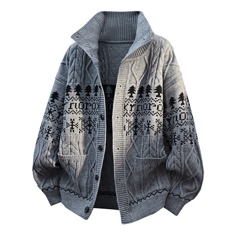 Herrenbekleidung: Weihnachtsstrickjacke für Herren mit Schalkragen, übergroßem Karomuster, warmer und stylischer Herbst-Winter-Pullover für große Größen_voghion.com